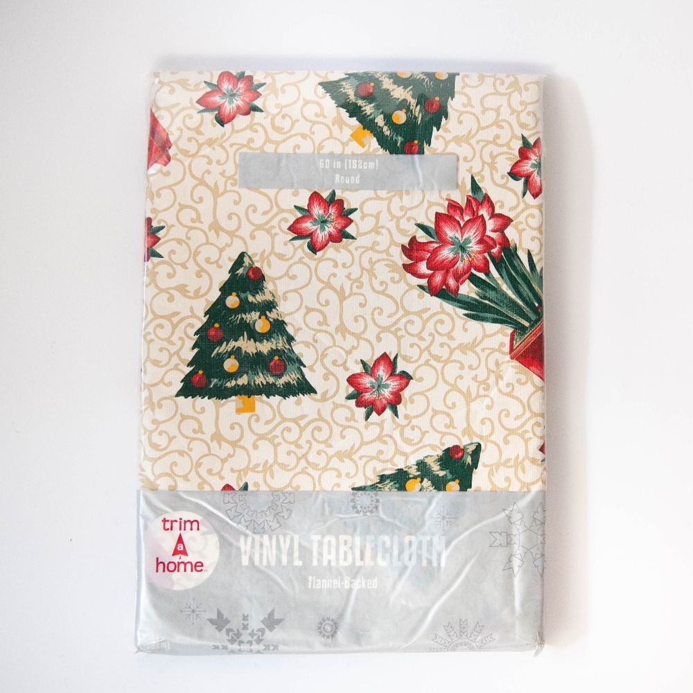 Vintage Kmart Vinyl Christmas Tree Tablecloth Round Flannel Backed Sealed